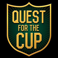 A gold and dark green shield in the shape from a 19th century engrailed top style shield. The title - Quest for the Cup - is printed in the shield in gold lettering.