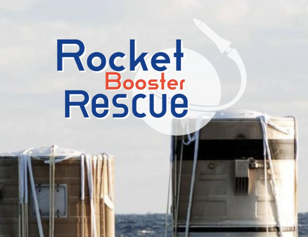 The background shows 2 assorted aircraft boosters rescued from the ocean. The title is Rocket Booster Rescue, with an image of a rocket shooting out from the circle behind the title logo.